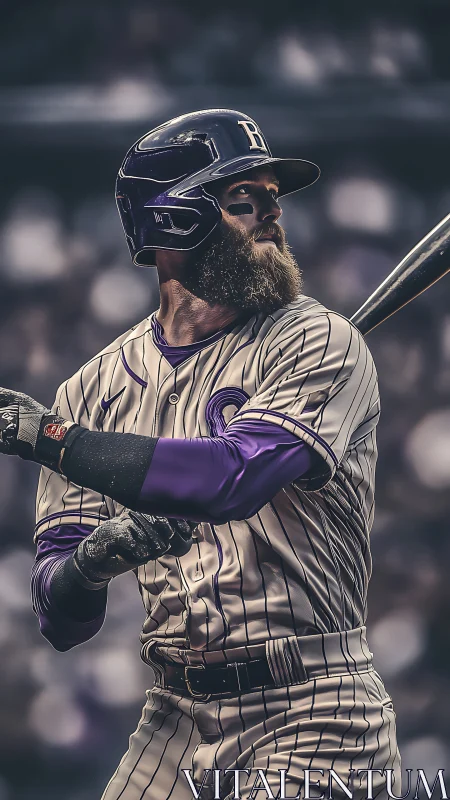 Bearded baseball batter waits for pitch in striped uniform