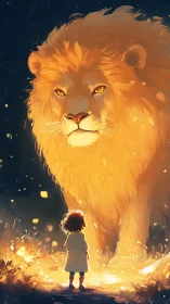 Digital painting of luminous lion guardian with child figure.