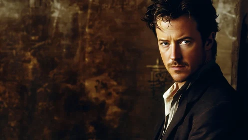 Brooding gentleman in bronze-lit moody portrait haze.