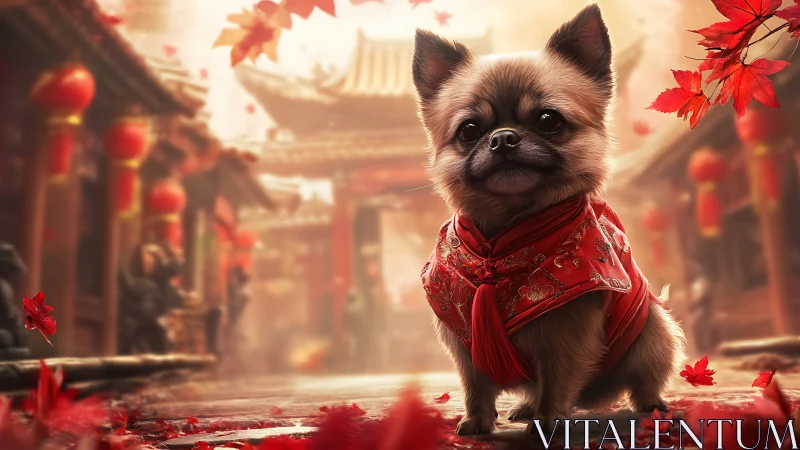 Photorealistic temple dog in ceremonial red silk attire.