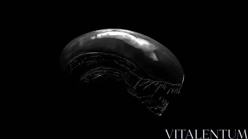 3D biomechanical xenomorph head in high-contrast void lighting.