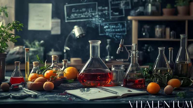 Citrus alchemy brews in a moody botanist’s kitchen lab.