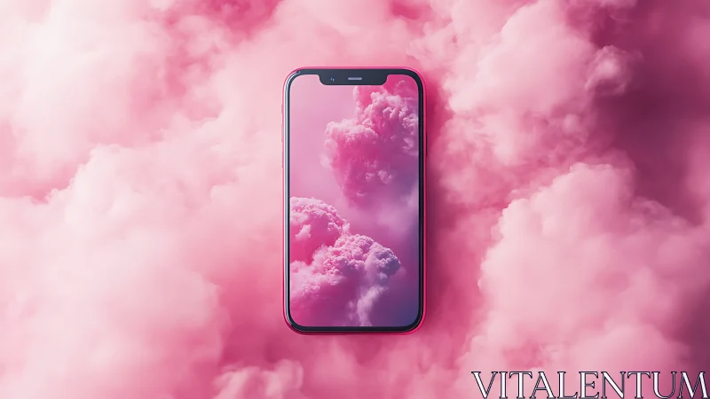 Smartphone with pink cloud wallpaper amid dense pink fog.