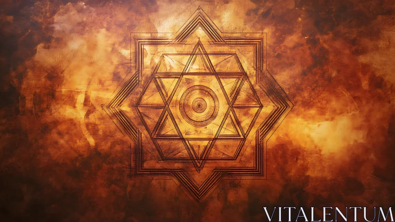 Geometric yantra mandala overlays textured, high-contrast burnished field