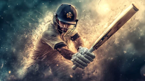 Cricket batter in dynamic swing with glowing energy trail.