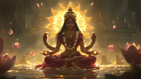 Radiant lotus goddess in serene golden meditation glow.
