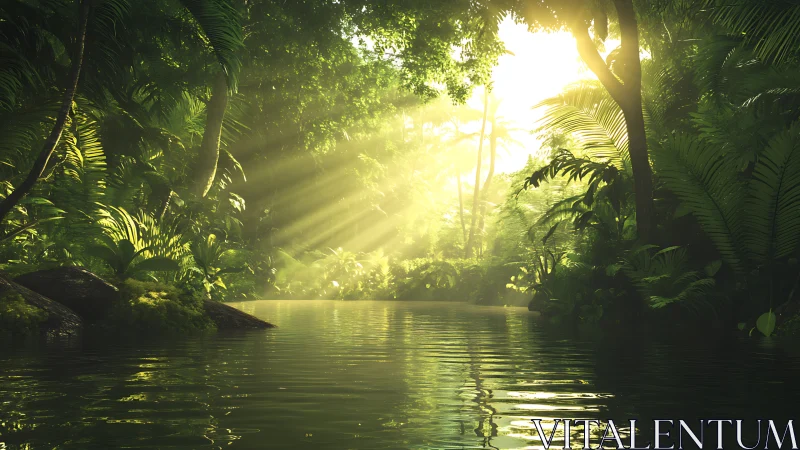 Volumetric sunlight penetrates dense tropical river canopy