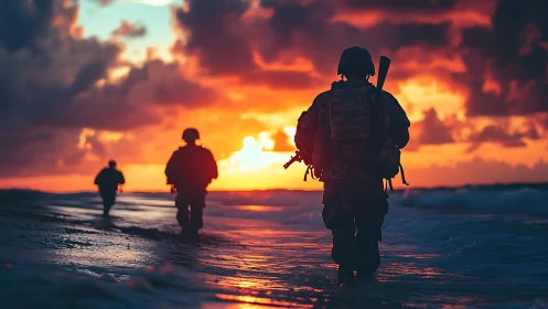 Photorealistic soldiers silhouetted on coastal sunset patrol.