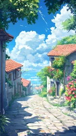 Sunlit stone village street slopes toward distant sea