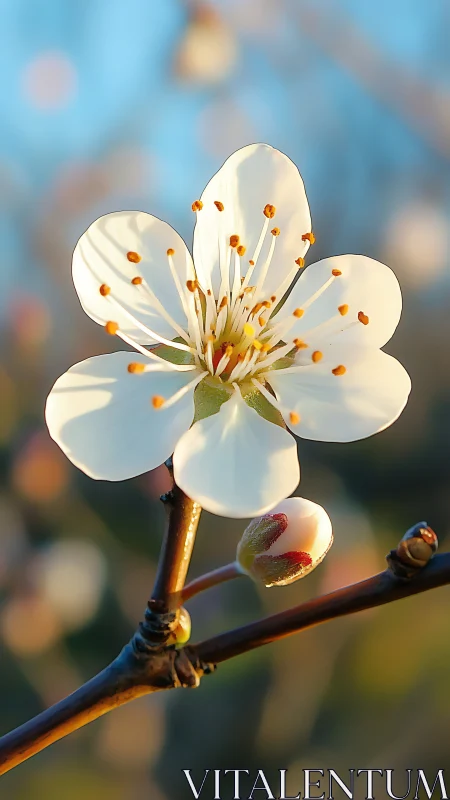 Sunlit plum blossom whispers against a dreamy blue sky.