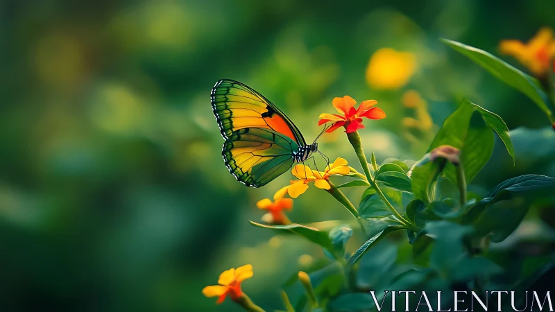 Macro butterfly study on vivid garden blooms, bokeh field.