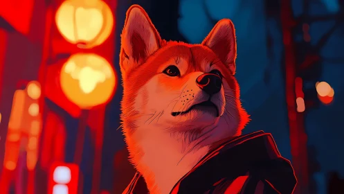 Confident shiba dog explores neon city lights at night