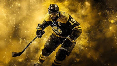 Dynamic hockey captain charging through golden energy.