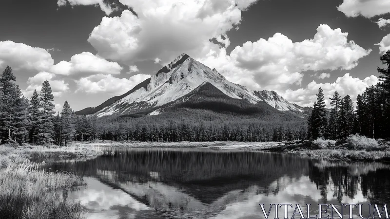 Monochrome alpine peak with forest and reflective lake scene.