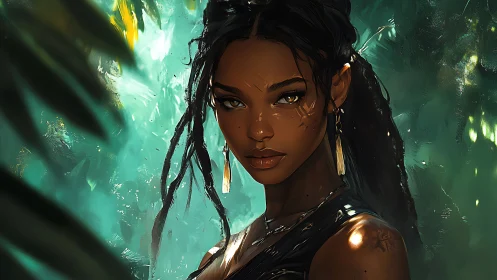 Jungle portrait shows rim-lit woman with wet skin specular highlights