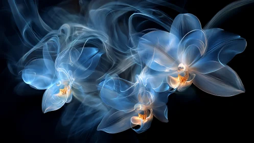 Translucent blue fractal orchids with luminous ember cores