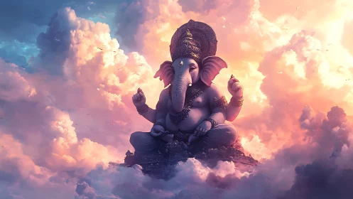 Elephant-headed celestial deity amid volumetric sunset clouds.