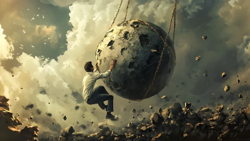 Man holding a chained stone world in a storm of resolve.