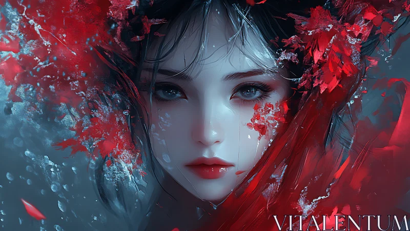 Ethereal female portrait merges crimson petals and icy mist