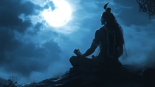 Moonlit ascetic silhouette contemplates silent storm sky.