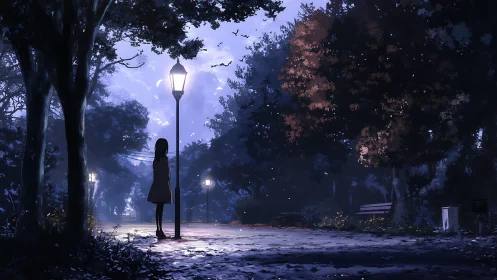 Girl stands under lamppost in dimly lit twilight park