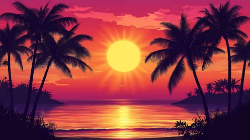 Vibrant tropical sunset with silhouetted palm shoreline glow.