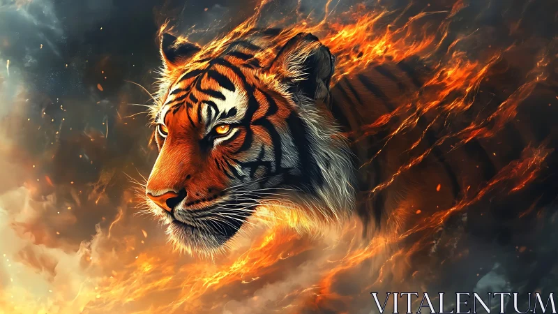 Flaming tiger portrait in dynamic cinematic digital painting.