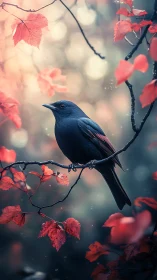 Dark plumage bird on branch amid red autumn foliage.