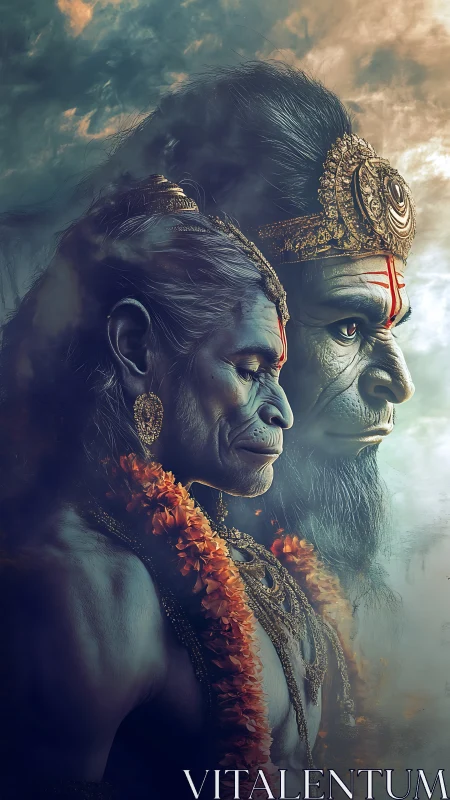 Dual anthropomorphic simian deities in profile against sky.