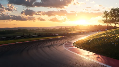 Racing circuit at golden hour renders dynamic asphalt detail