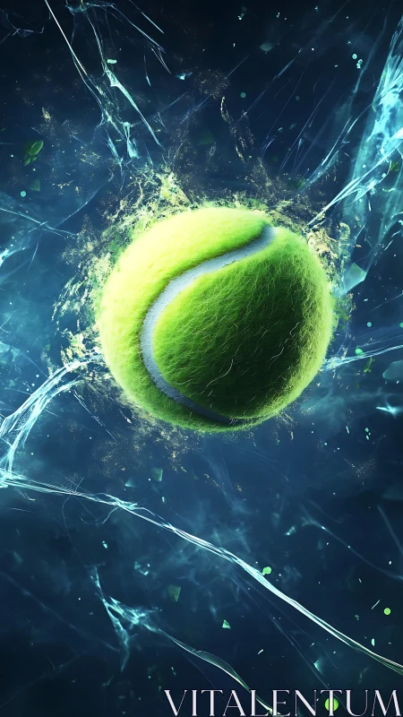 Tennis ball shatters through icy blue energy in midair