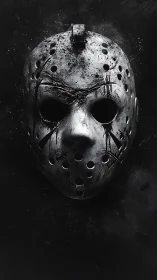 Weathered metal hockey mask in stark monochrome darkness.