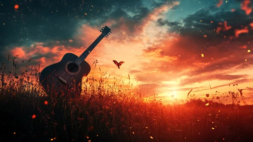 Sunlit acoustic guitar in ember-lit meadow at dusk sky.