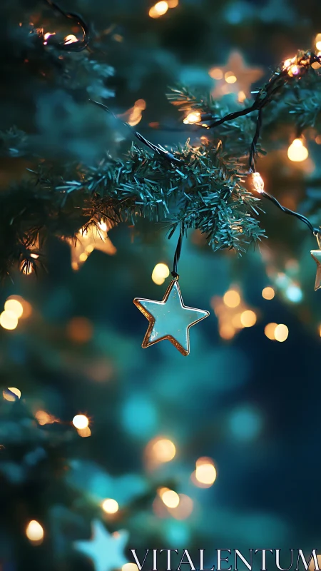 Photorealistic star ornament with bokeh-lit evergreen framing.