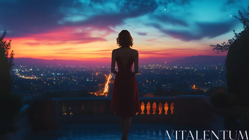 Twilight city balcony with quiet dreamer in a red dress.