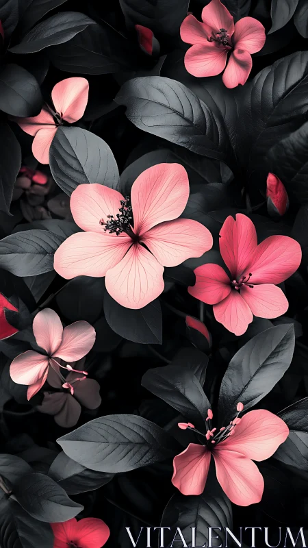 Pink Blossoms Against Obsidian Foliage.