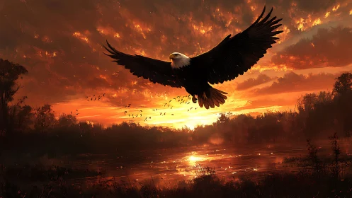 Majestic Bald Eagle Soaring Over Lake at Vibrant Sunset, Digital Art.