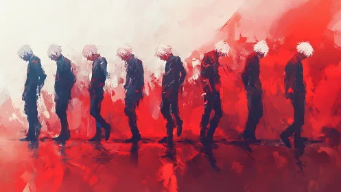 Sequential lone figure dissolving in red abstraction.