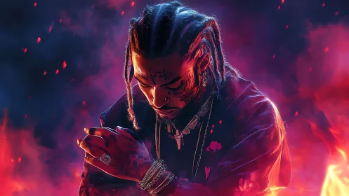 Tattooed rapper in fiery neon smoke environment.