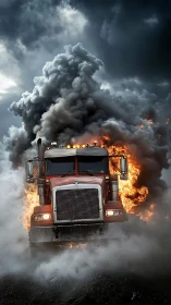 Red semi-truck drives through explosion and dense smoke
