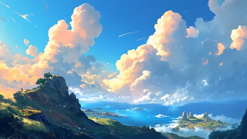 Expansive coastal vista with towering cumulus clouds at sunset