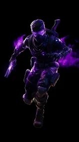 Stealth cyber soldier with glowing purple tactical gear.