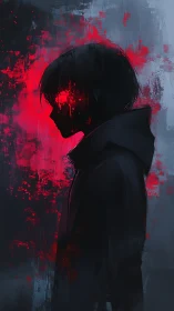 Silhouetted hooded figure stands amid red digital splatter