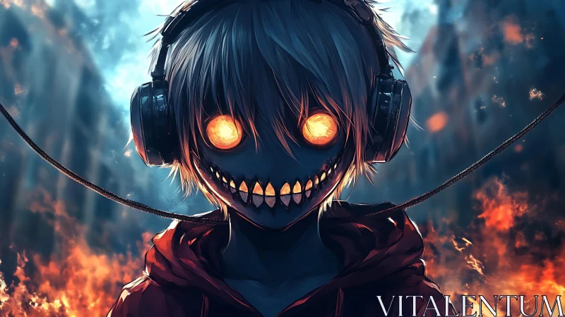 Infernal headphone fiend grins through neon urban wildfire.