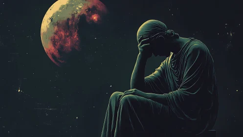 Moonlit statue grieves quietly beneath a bruised red planet