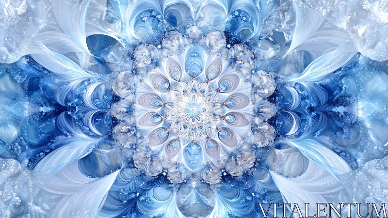 Radially symmetric ice-blue fractal mandala exhibits layered curl geometry