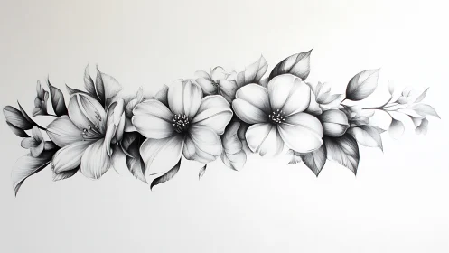 Monochrome floral illustration with clustered blossoms.