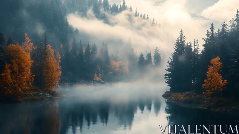 Gentle autumn lake wrapped in misty evergreen mountains.