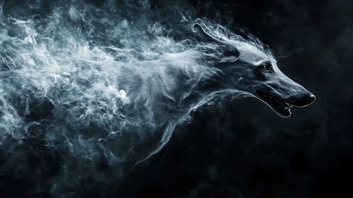 Ethereal sprinting dog rendered in dynamic smoke trails.