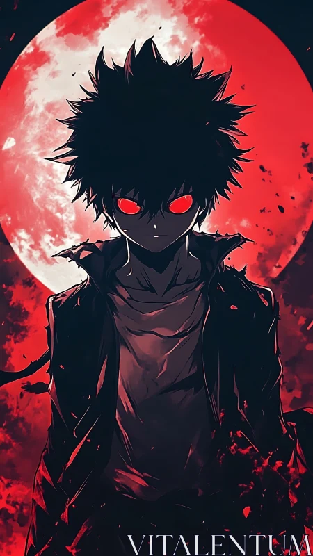 Anime silhouette under blood moon with high-contrast backlight.